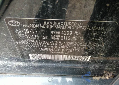 2013 Hyundai Sonata Gls from USA, damaged, VIN 5NPEB4AC6DH778179